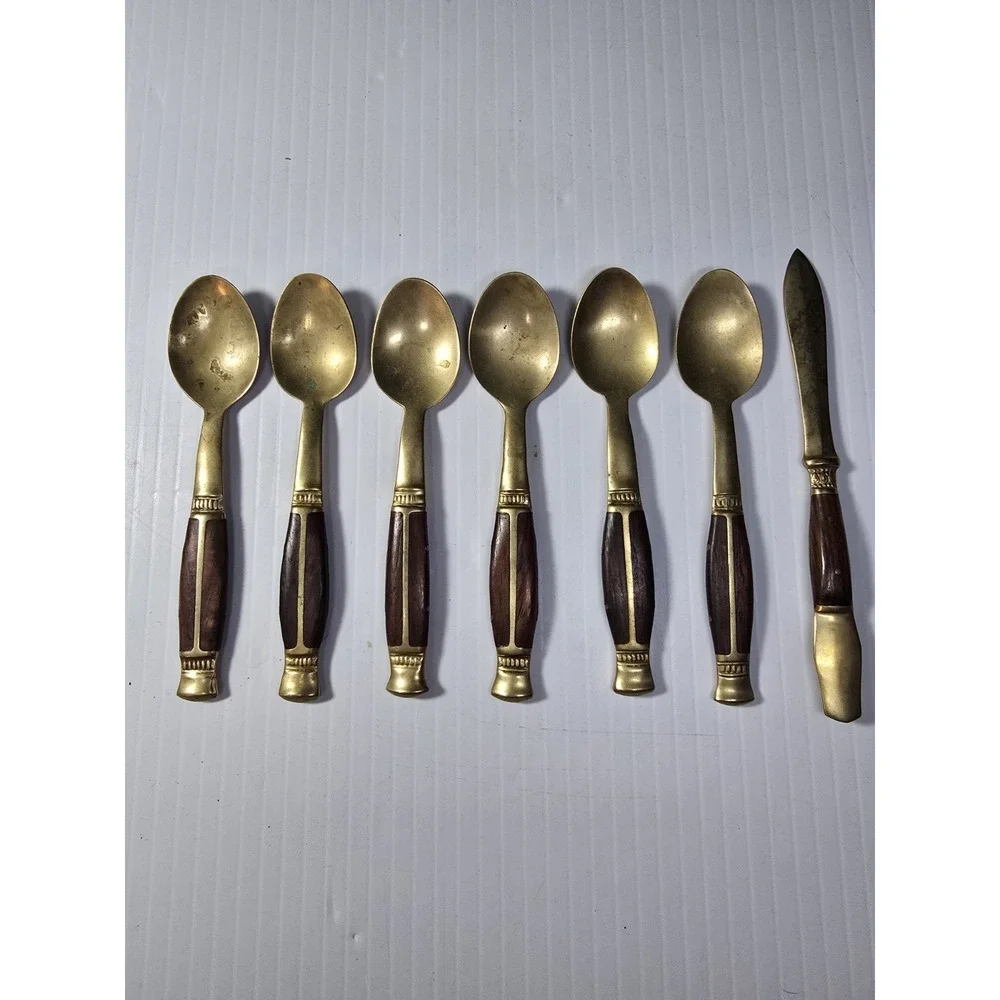 6 Thailand Brass/ Bronze Tea spoons  with Teak Handle And Matching Letter Opener